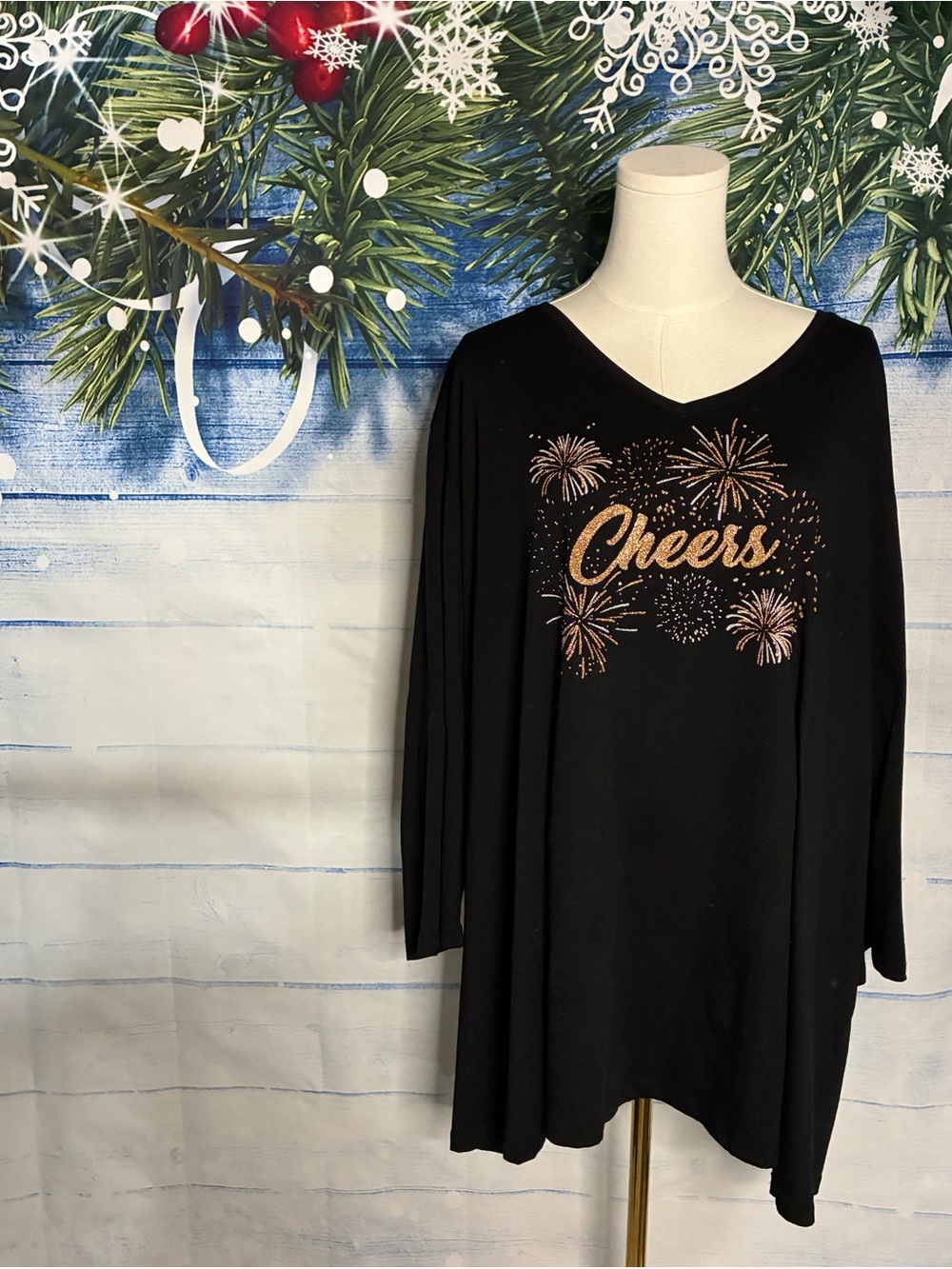 🎄 Catherines New Years Eve Black 'Cheers' Sparkle V-Neck Tunic
